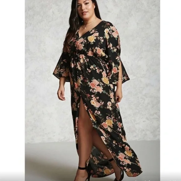 long green dress with flowers Hunter Green Floral Tulle Maxi Dress with Criss Cross Back main image 1
